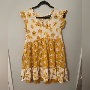 Yellow Floral Tiered Mini Dress with Eyelet Detail